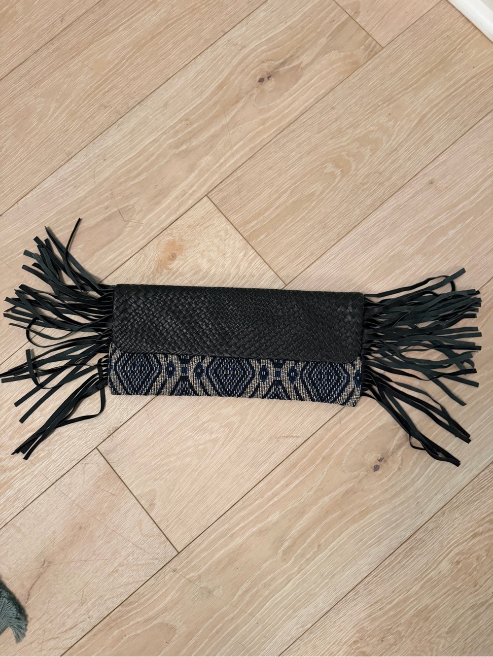 Sam Edelman Black Woven Fringe Clutch with Navy Pattern